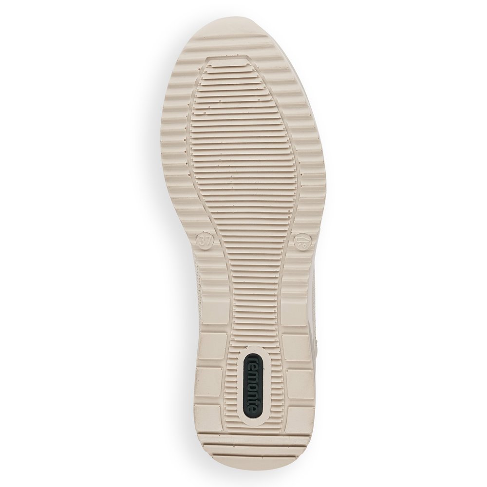 Cream beige remonte women´s sneakers D2406-60 with an elastic insert and mesh look. Outsole of the shoe.