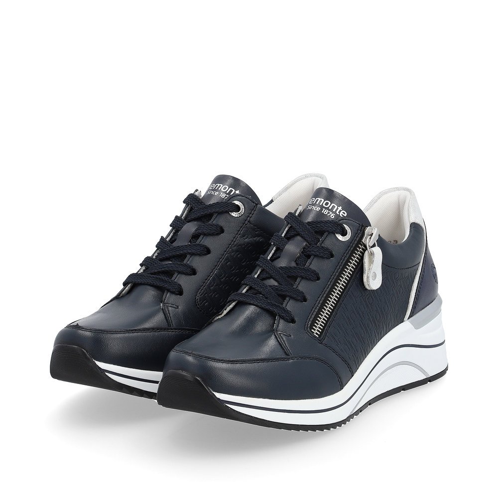 Navy blue remonte women´s sneakers D0T03-14 with a zipper and extra width H. Shoes laterally.