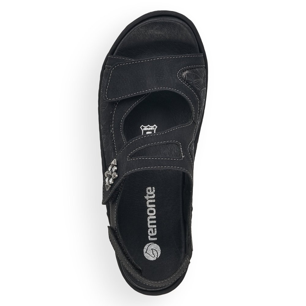 Black remonte women´s strap sandals D7647-01 with a hook and loop fastener. Shoe from the top.