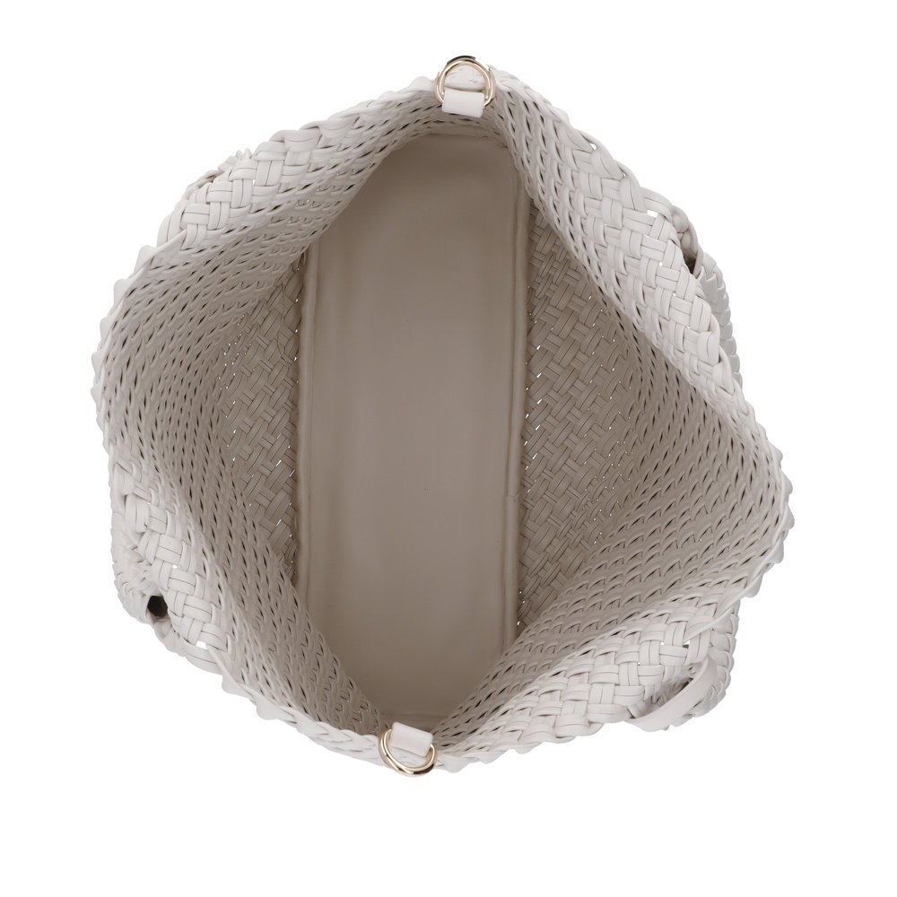 remonte Handtasche Q0761-80 in Weiß in Weboptik mit abnehmbarem Schulterriemen und einer zusätzlichen kleinen Tasche mit Reißverschluss. Geöffnet.
