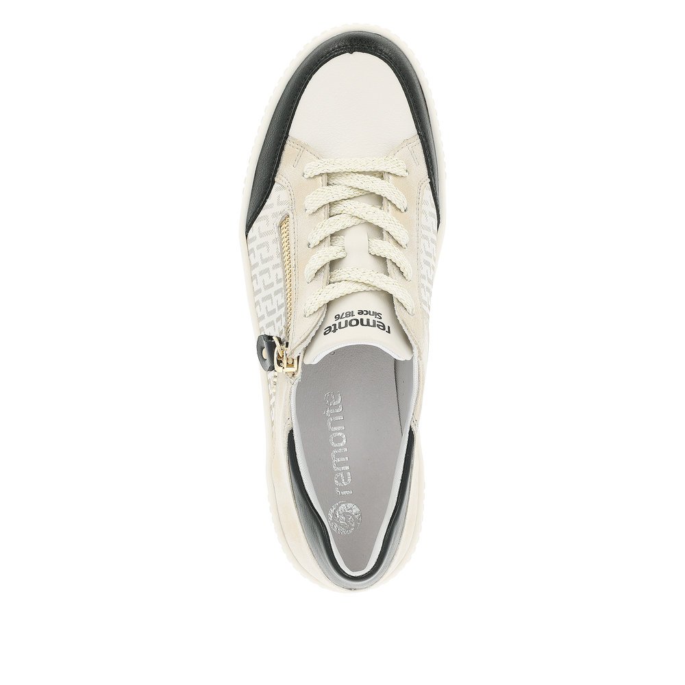 Cream white remonte women´s sneakers R7901-80 with a zipper and graphical pattern. Shoe from the top.