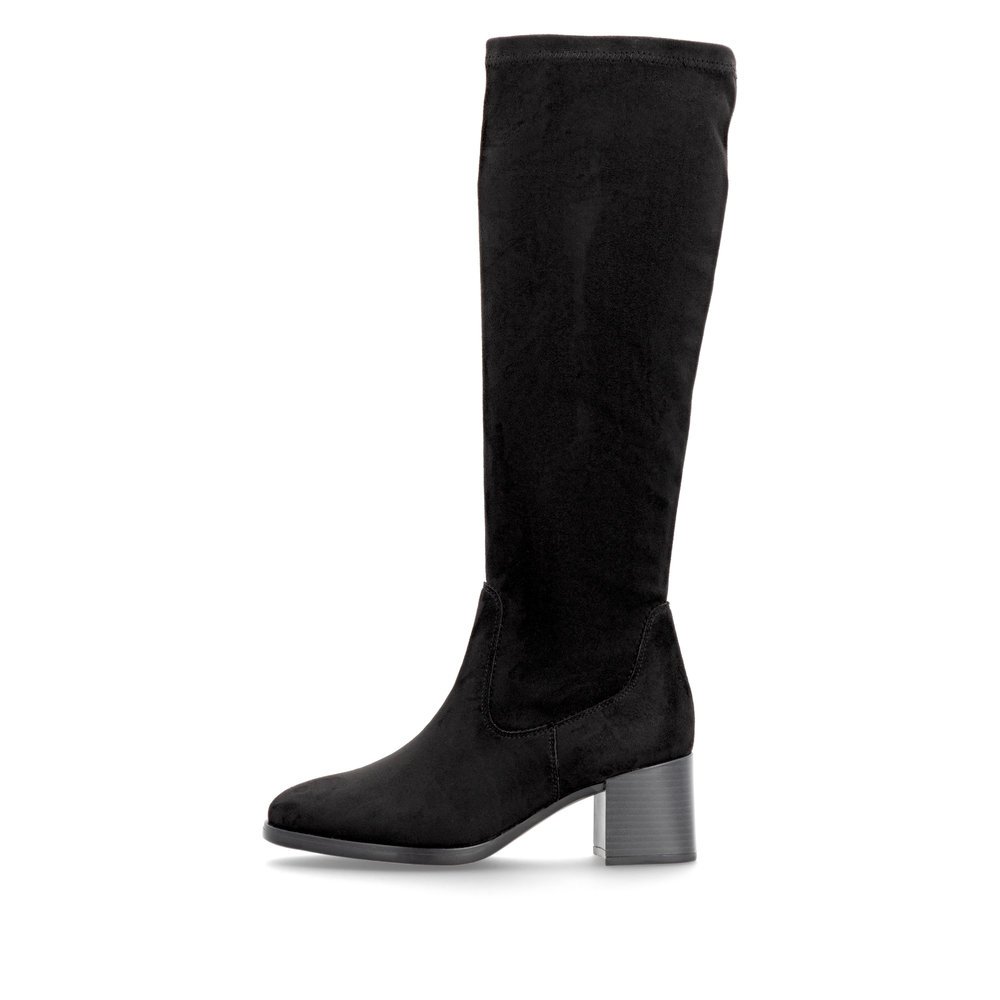 Black remonte women´s high boots D0V82-02 with a zipper as well as removable insole. Outside of the shoe.