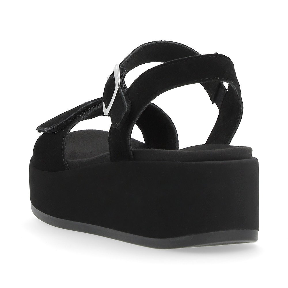Night black remonte women´s strap sandals D1N50-00 with a hook and loop fastener. Shoe from the back.