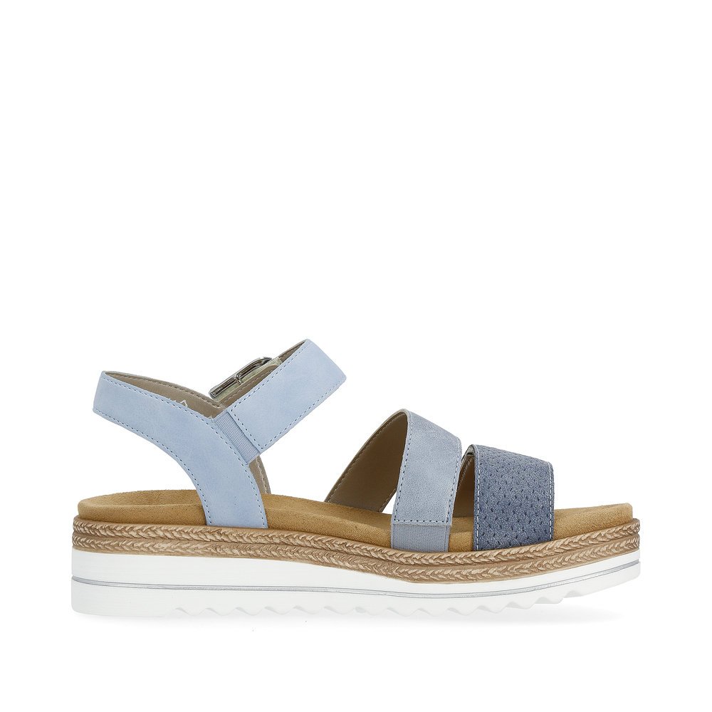 Sky blue vegan remonte women´s strap sandals D0Q55-12 with hook and loop fastener. Shoe inside.