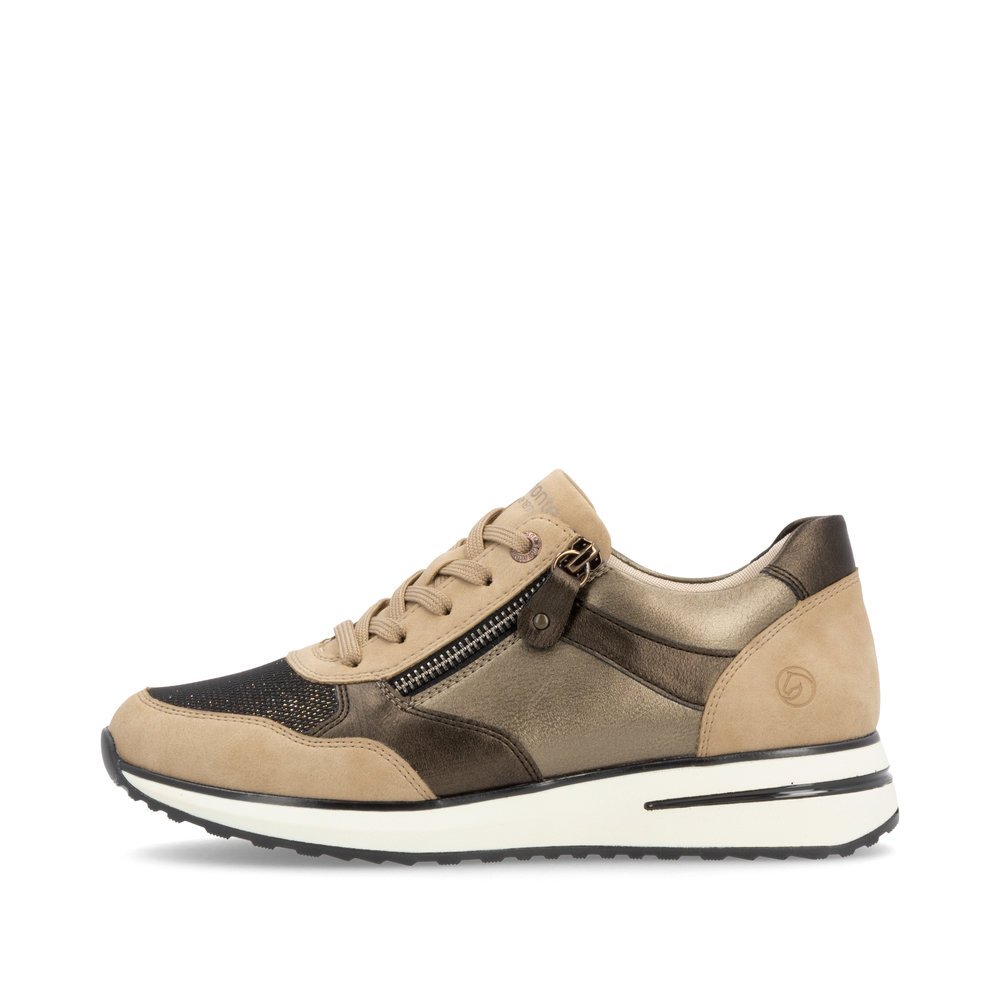 Bronze vegan remonte women´s sneakers D1G08-91 with zipper as well as padded insole. Outside of the shoe.