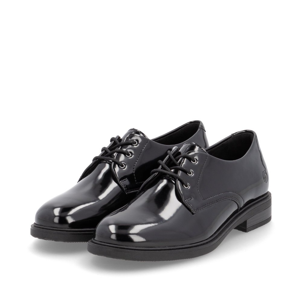 Glossy black remonte women´s lace-up shoes D1U02-00 with a removable insole. Shoes laterally.