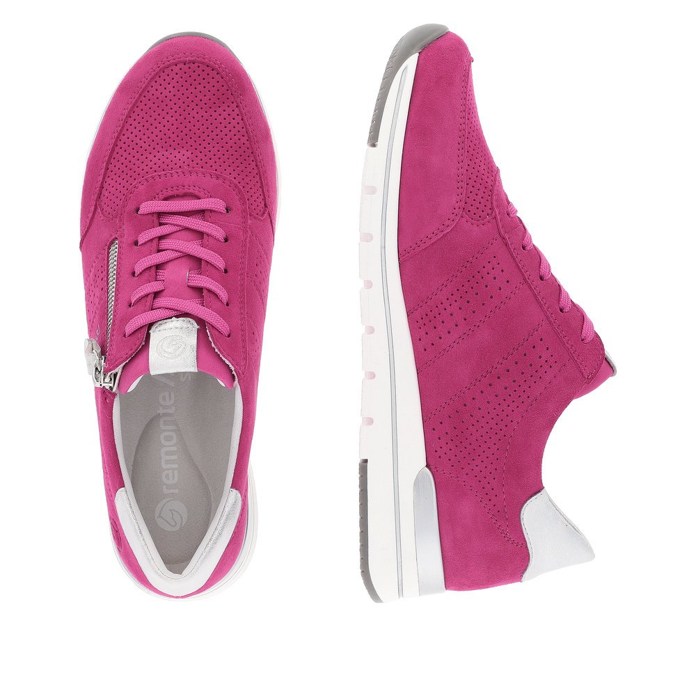 Magenta remonte women´s sneakers R6705-31 with zipper and comfort width G. Shoe from the top, lying.