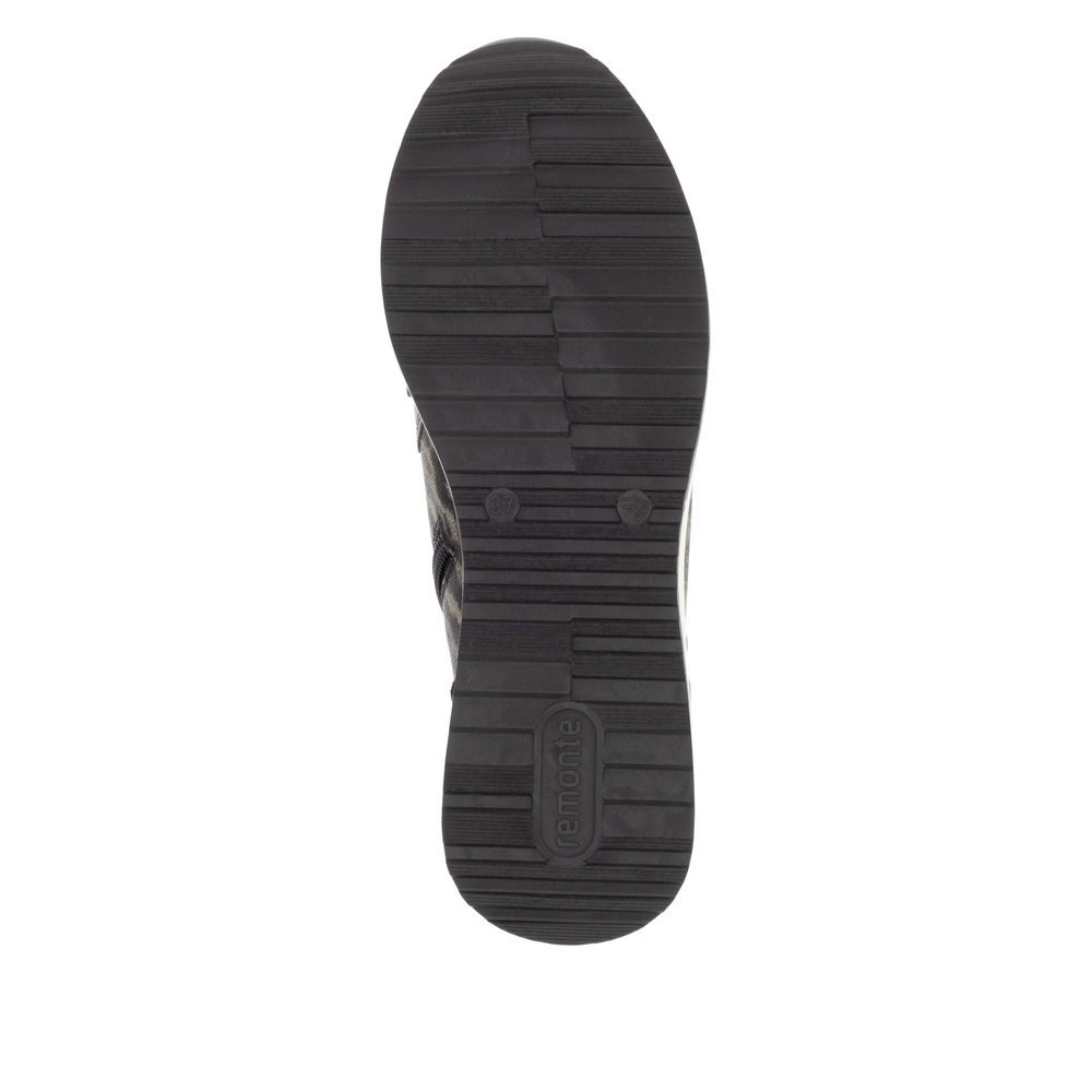 Baskets remonte noires pour femme D1G71-03 avec imprimé animal. Semelle extérieure de la chaussure.