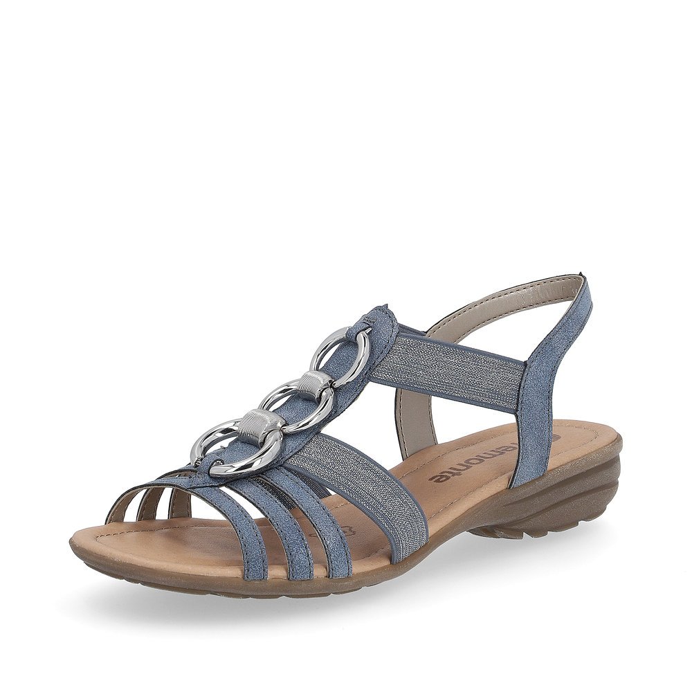 Slate blue remonte women´s strap sandals R3605-12 with an elastic insert. Shoe laterally.