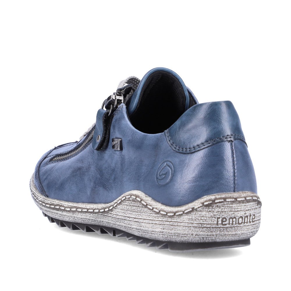 Blaue remonte Damen Schnürschuhe R1402-15 mit wasserabweisender TEX-Membran. Schuh von hinten.