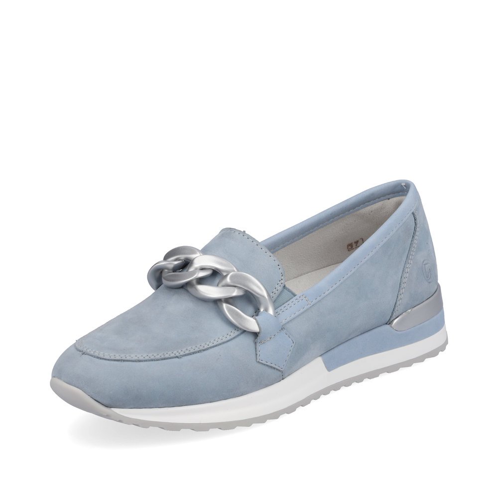 Blue remonte women´s loafers R2544-10 with stylish chain. Shoe laterally.