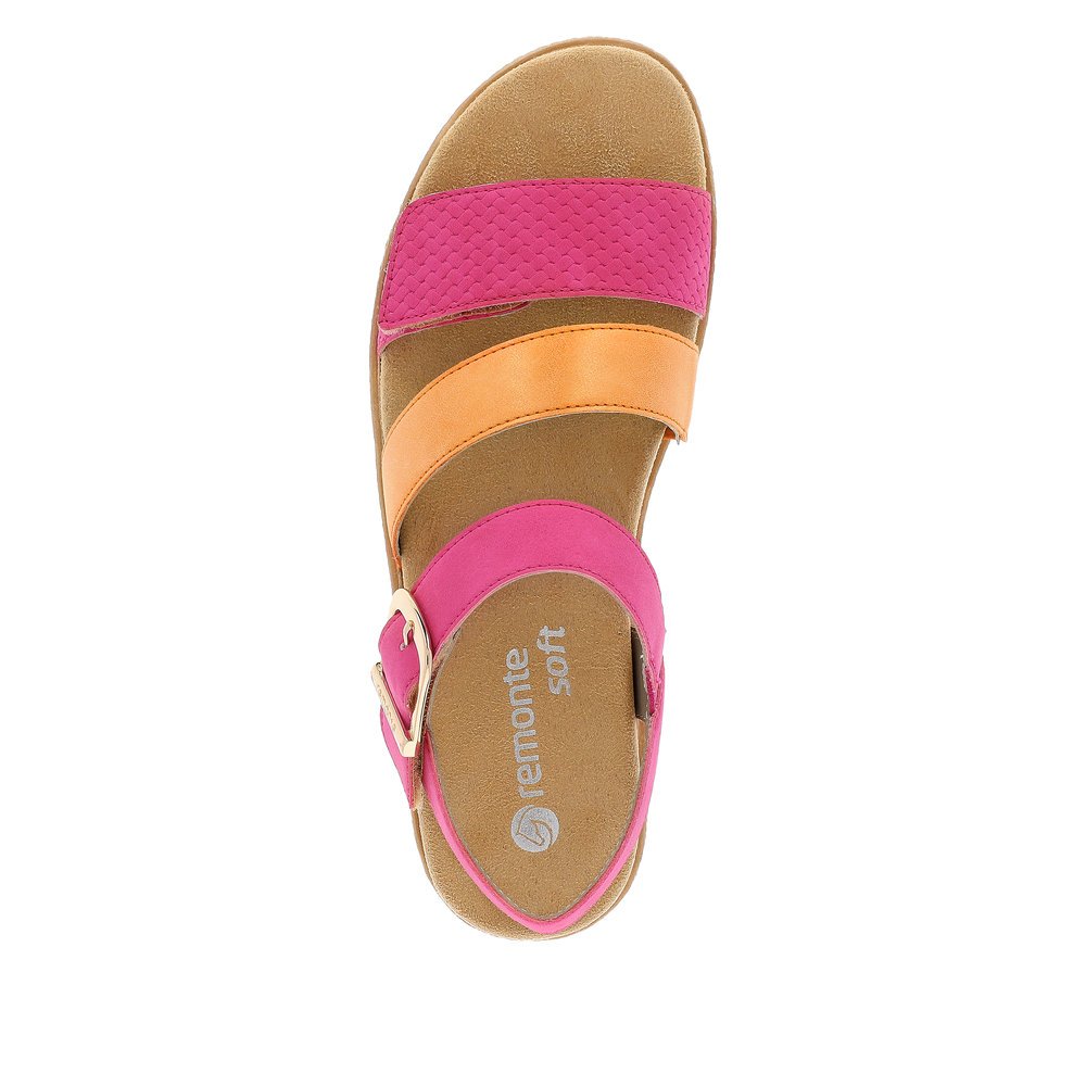 Pink vegan remonte women´s strap sandals D0Q55-31 with a hook and loop fastener. Shoe from the top.