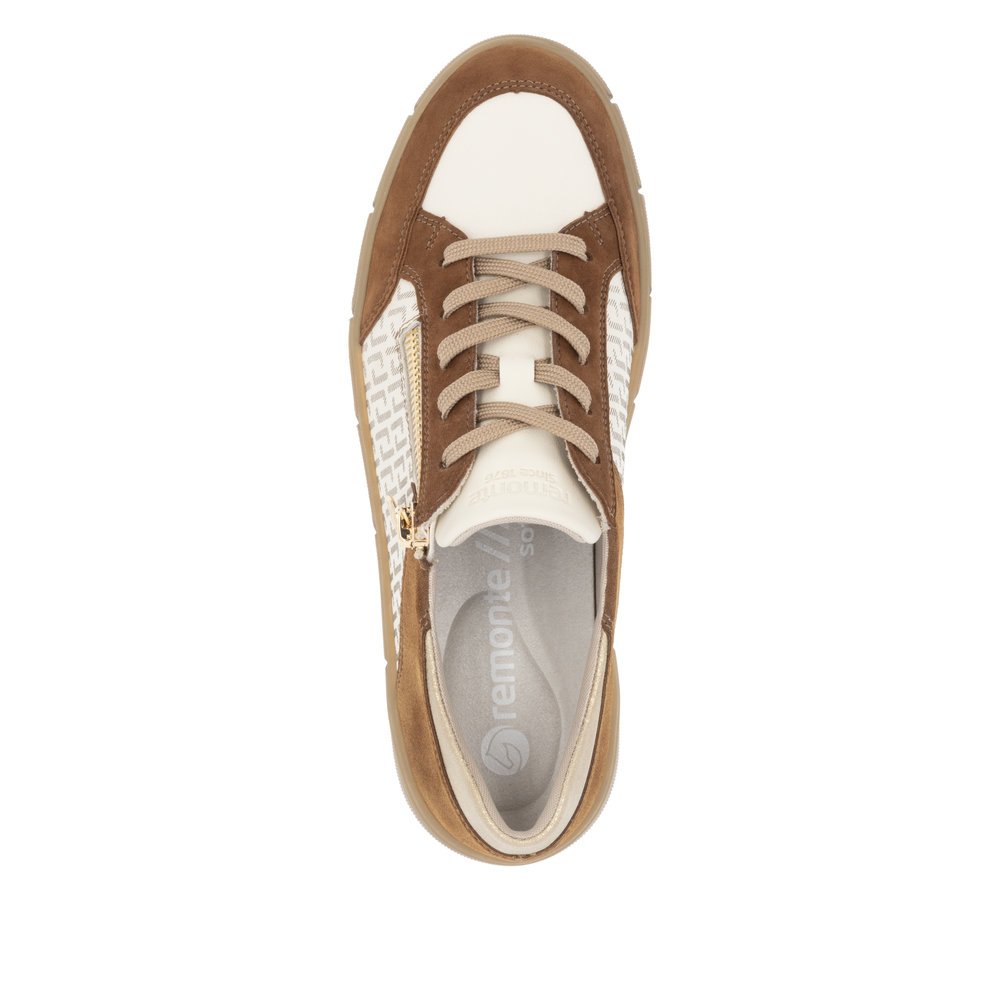 Beige remonte women´s sneakers D1T00-60 with a remonte pendant as well as a zipper. Shoe from the top.