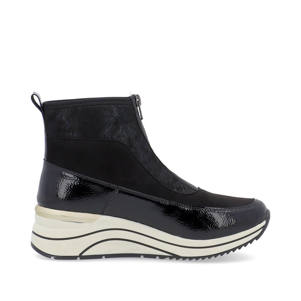 Night black vegan remonte women´s ankle boots D0T71-01 with a zipper. Shoe inside.