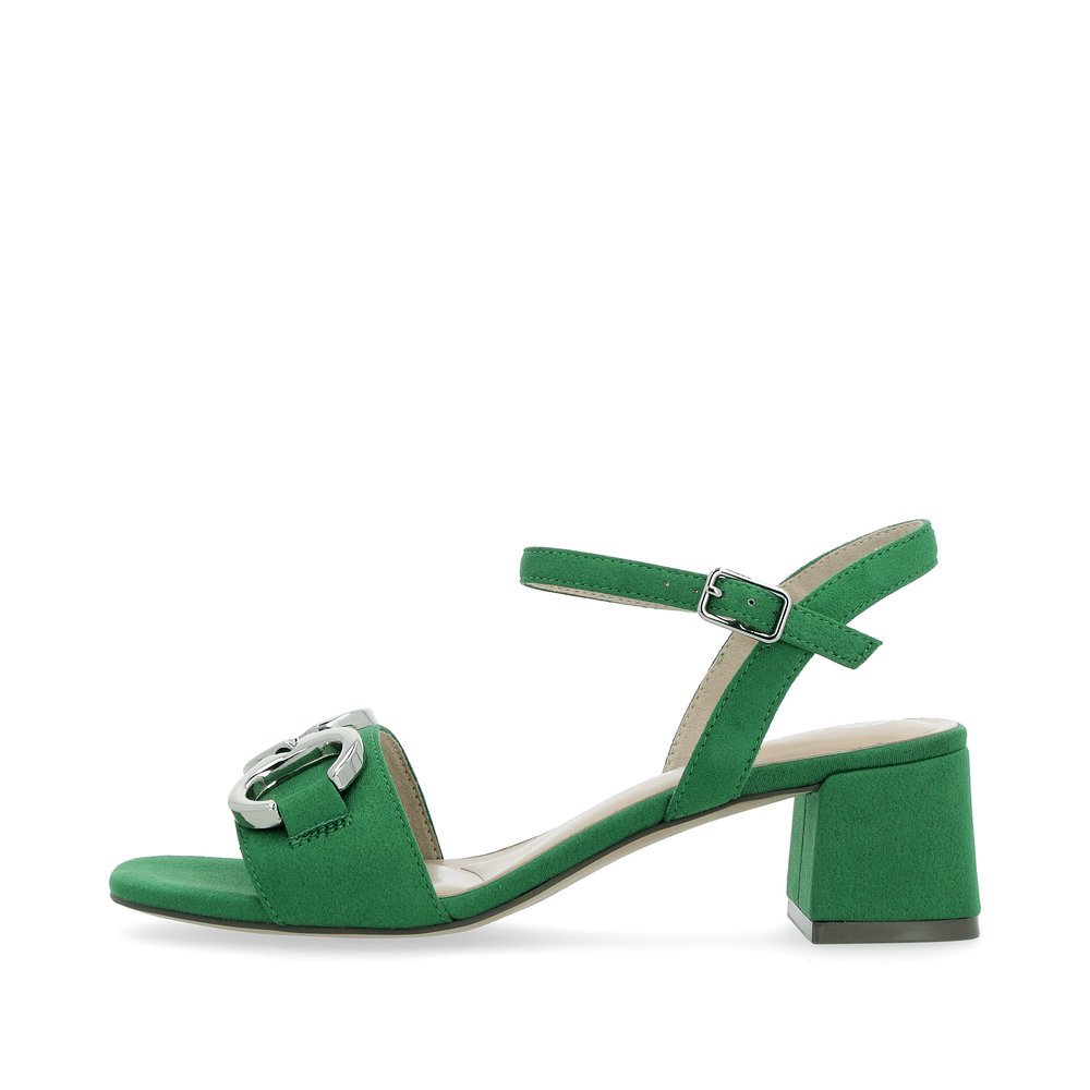 Green vegan remonte women´s strap sandals D1L50-52 with buckle and silver accessory. Outside of the shoe.