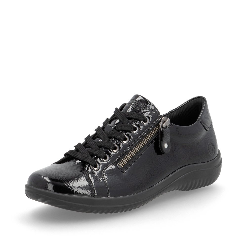 Black remonte women´s lace-up shoes D1E03-01 with zipper as well as comfort width G. Shoe laterally.