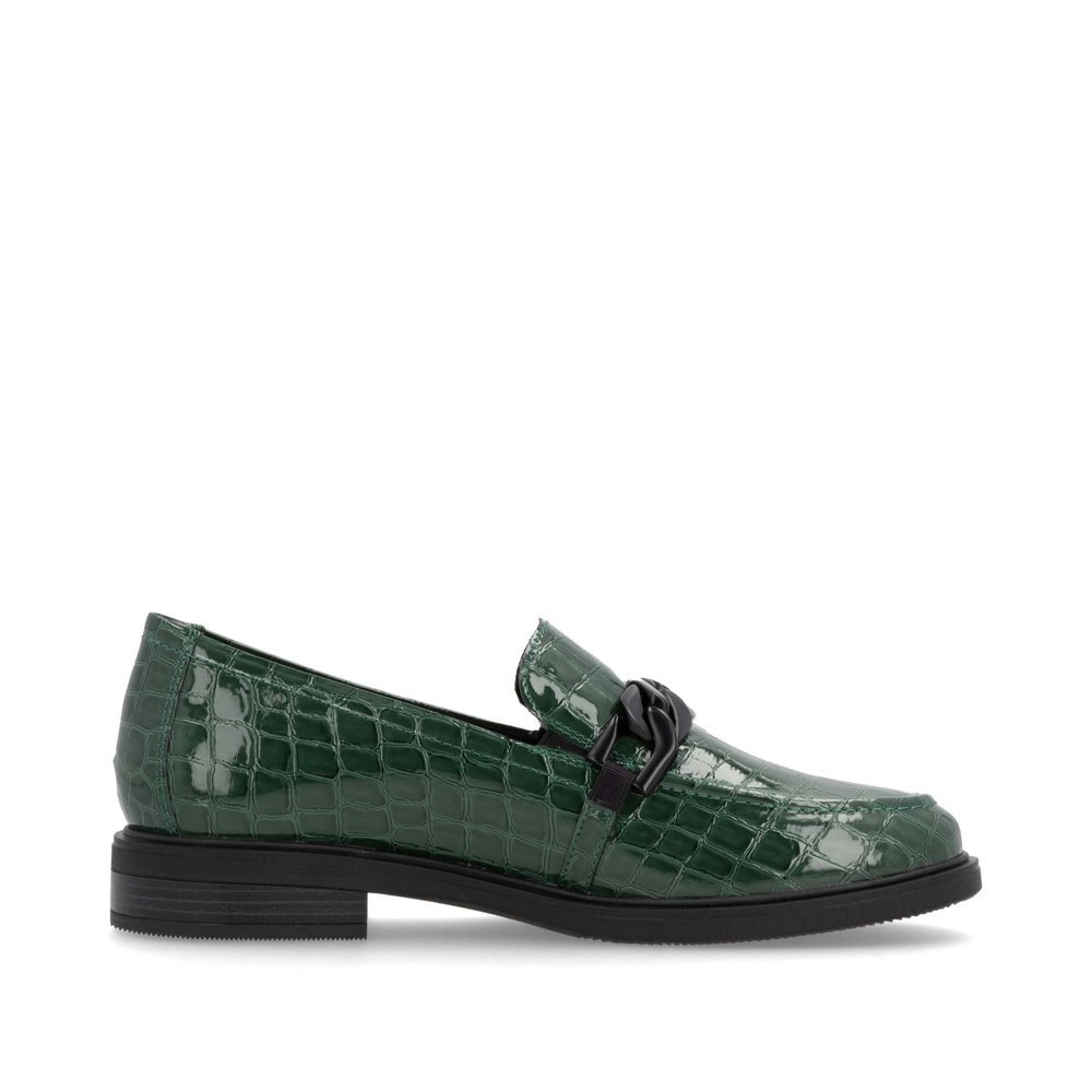 Green remonte women´s loafers D1U00-54 with a chain element as well as elastic band. Shoe inside.