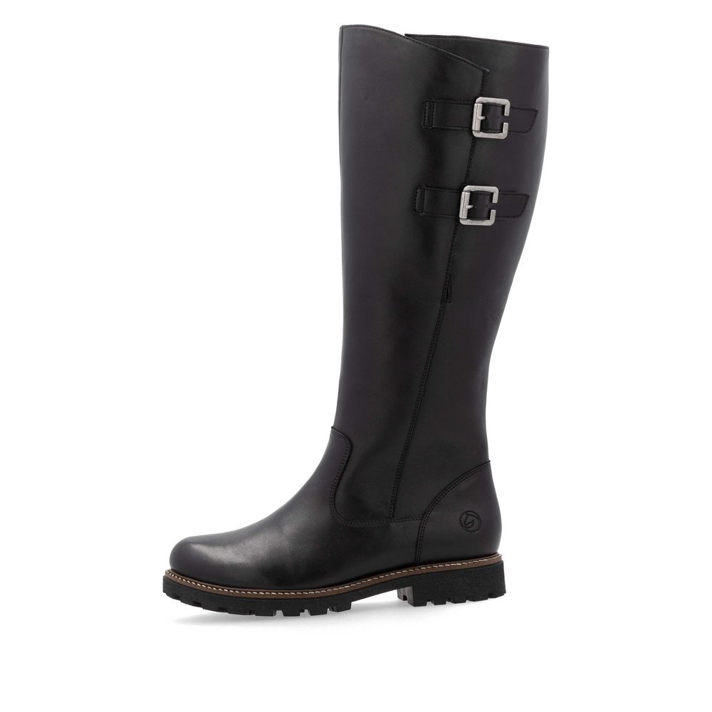 Black remonte women´s high boots D8486-00 with decorative buckles as well as zipper. Outside of the shoe.