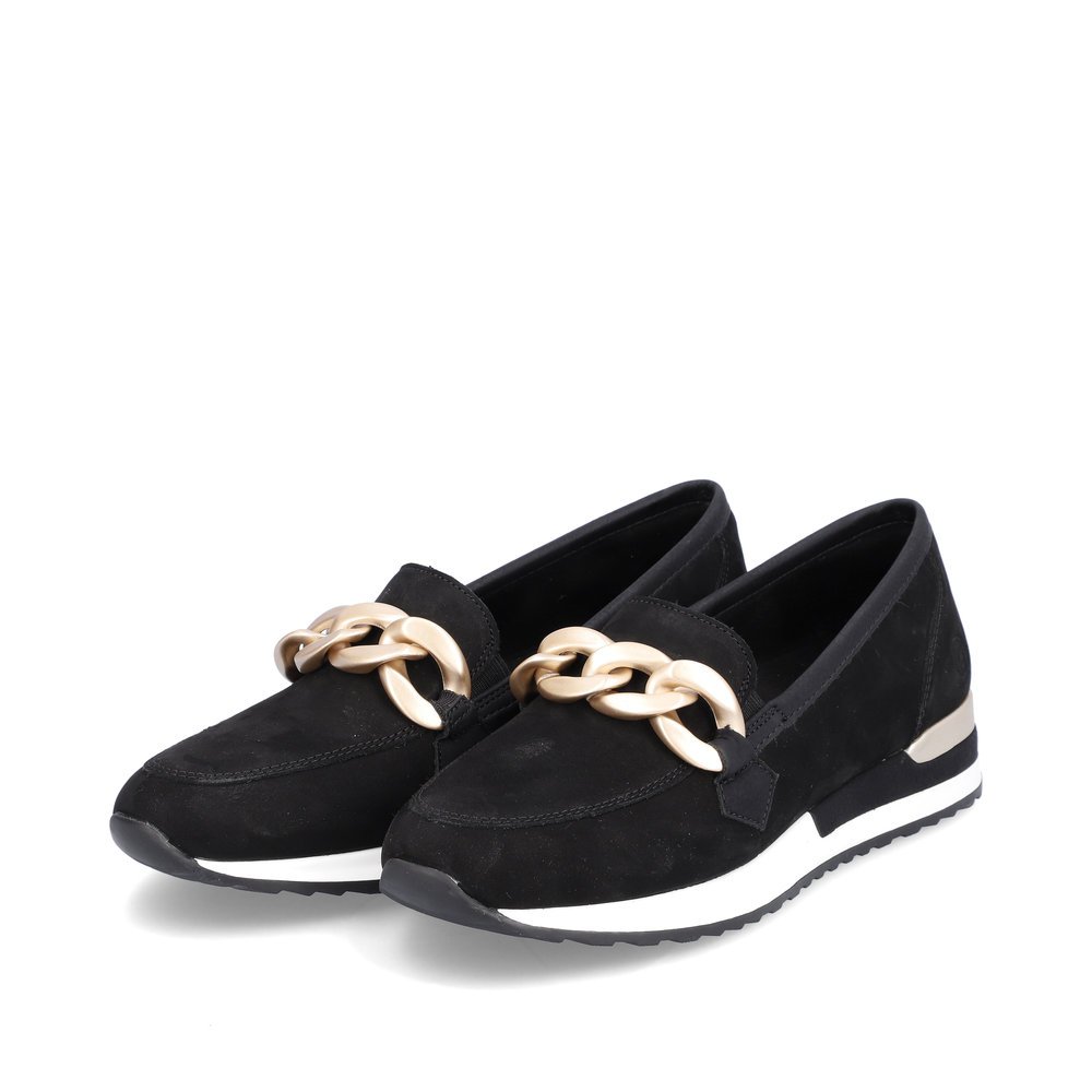 Night black remonte women´s loafers R2544-02 with golden chain. Shoes laterally.