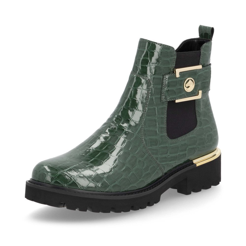 Fir green remonte women´s Chelsea boots D8684-54 with a golden decorative element. Shoe laterally.