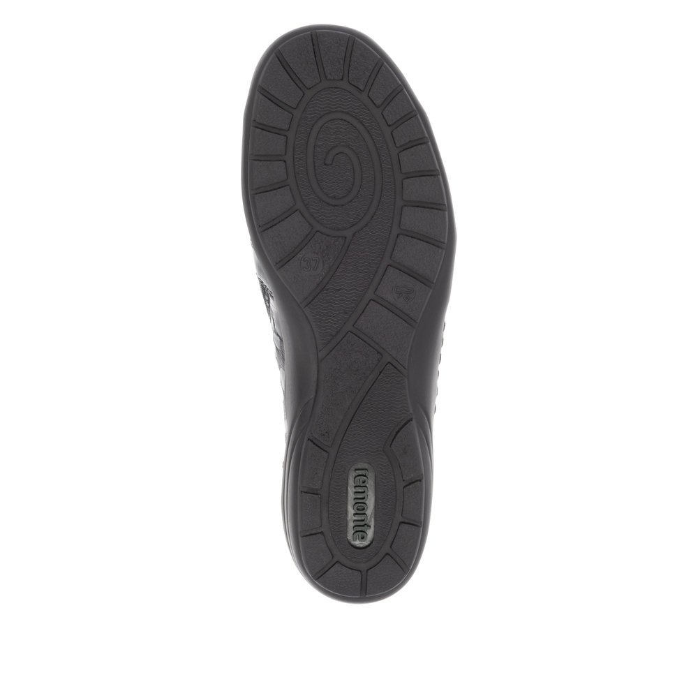 Glossy black remonte women´s slippers R7674-04 with zipper as well as extra width H. Outsole of the shoe.