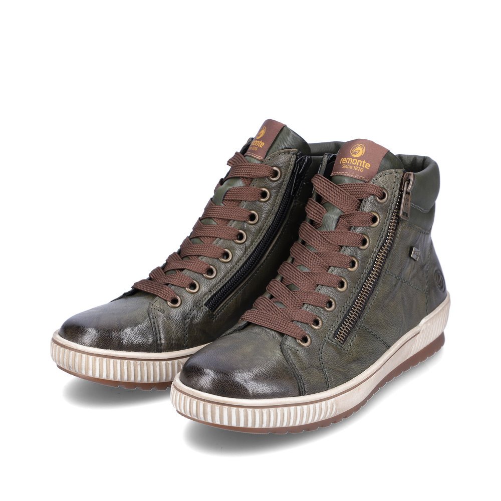 Forest green remonte women´s lace-up boots D0772-52 with remonteTEX technology. Shoes laterally.