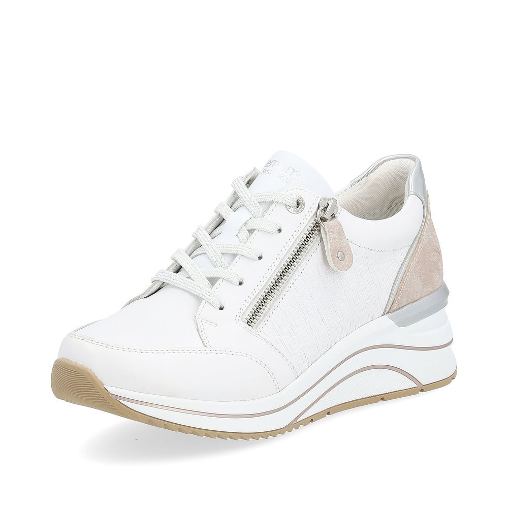 Brilliant white remonte women´s sneakers D0T03-80 with a zipper and extra width H. Shoe laterally.