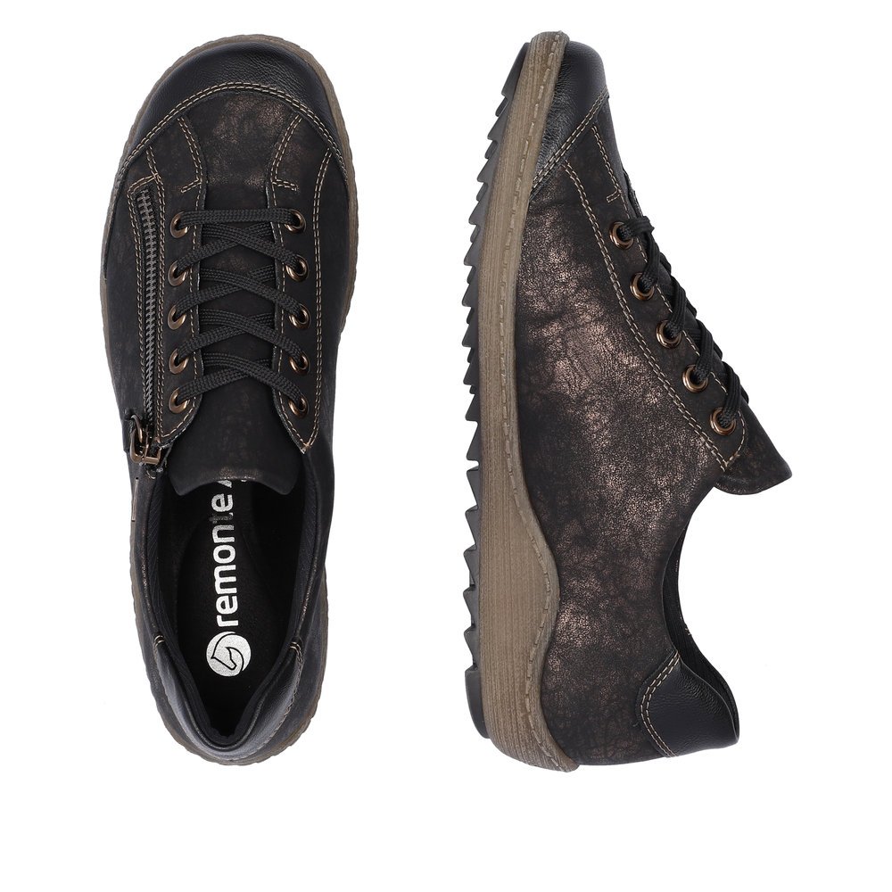 Urban black remonte women´s lace-up shoes R1402-07 with remonteTEX technology. Shoe from the top, lying.