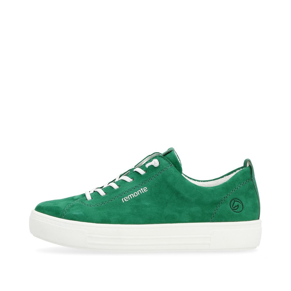 Emerald green remonte women´s sneakers D0913-52 with lacing and comfort width G. Outside of the shoe.