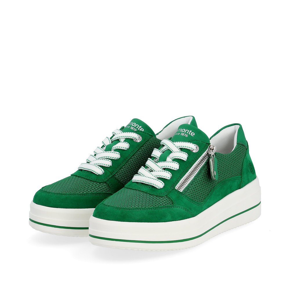 Emerald green remonte women´s sneakers D1C04-52 with a zipper and comfort width G. Shoes laterally.