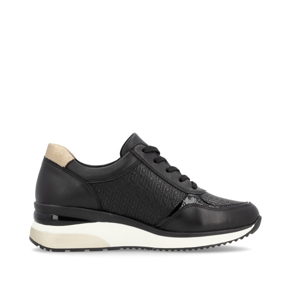 Black remonte women´s sneakers D2417-03 with a remonte pendant as well as a zipper. Shoe inside.