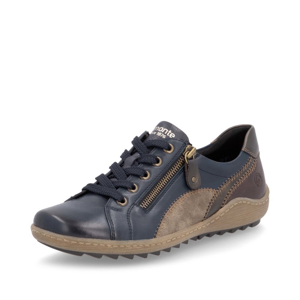 Chaussures à lacets remonte bleues femme R1439-14 avec fermeture éclair. Chaussure inclinée sur le côté.