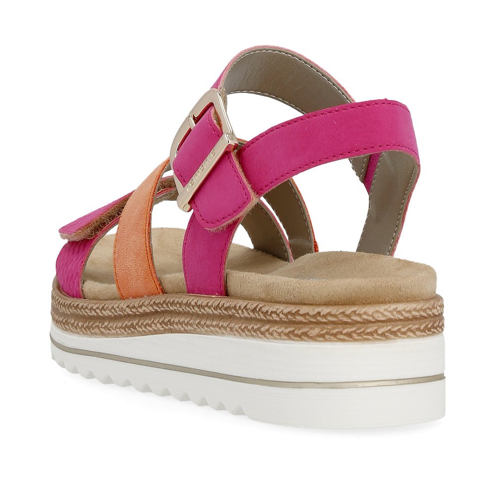 Pink vegan remonte women´s strap sandals D0Q55-31 with a hook and loop fastener. Shoe from the back.