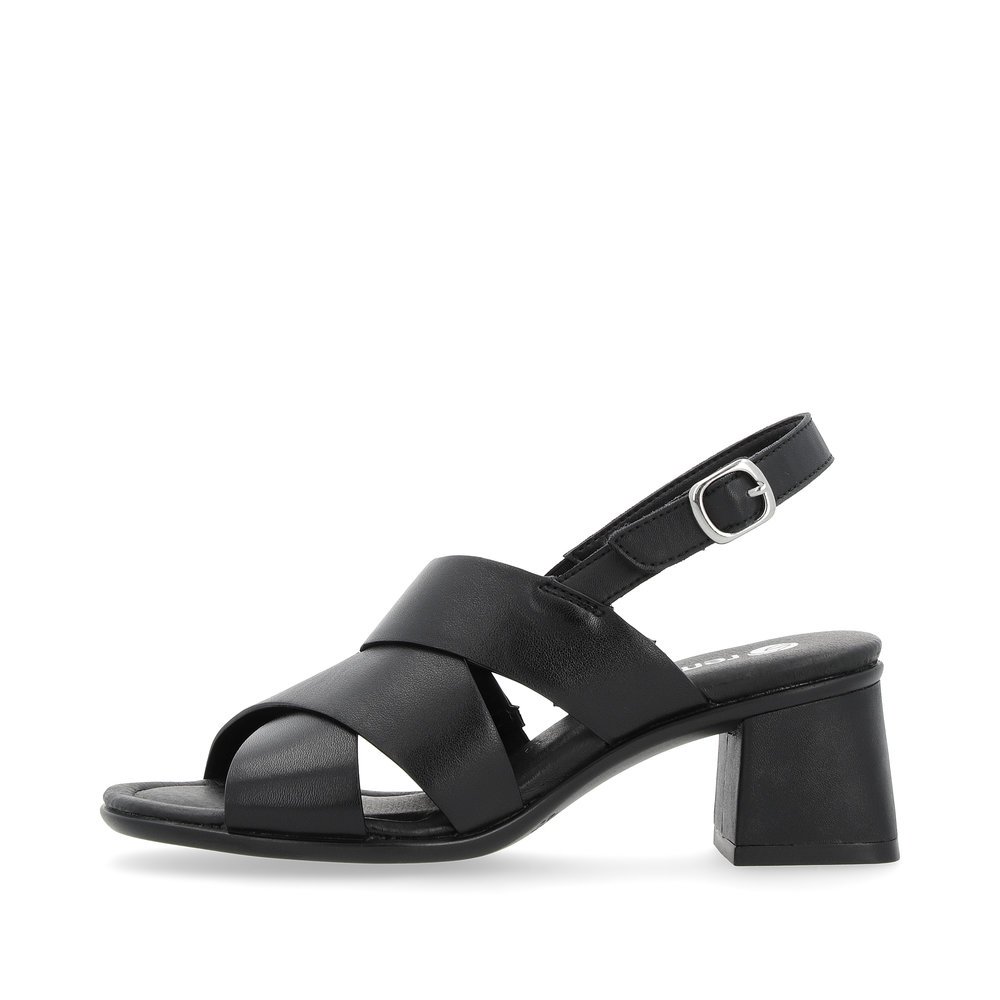 Black remonte women´s strap sandals D1K53-00 with a hook and loop fastener. Outside of the shoe.