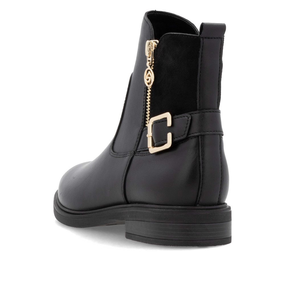 Night black remonte women´s ankle boots D1U71-00 with a golden decorative buckle. Shoe from the back.