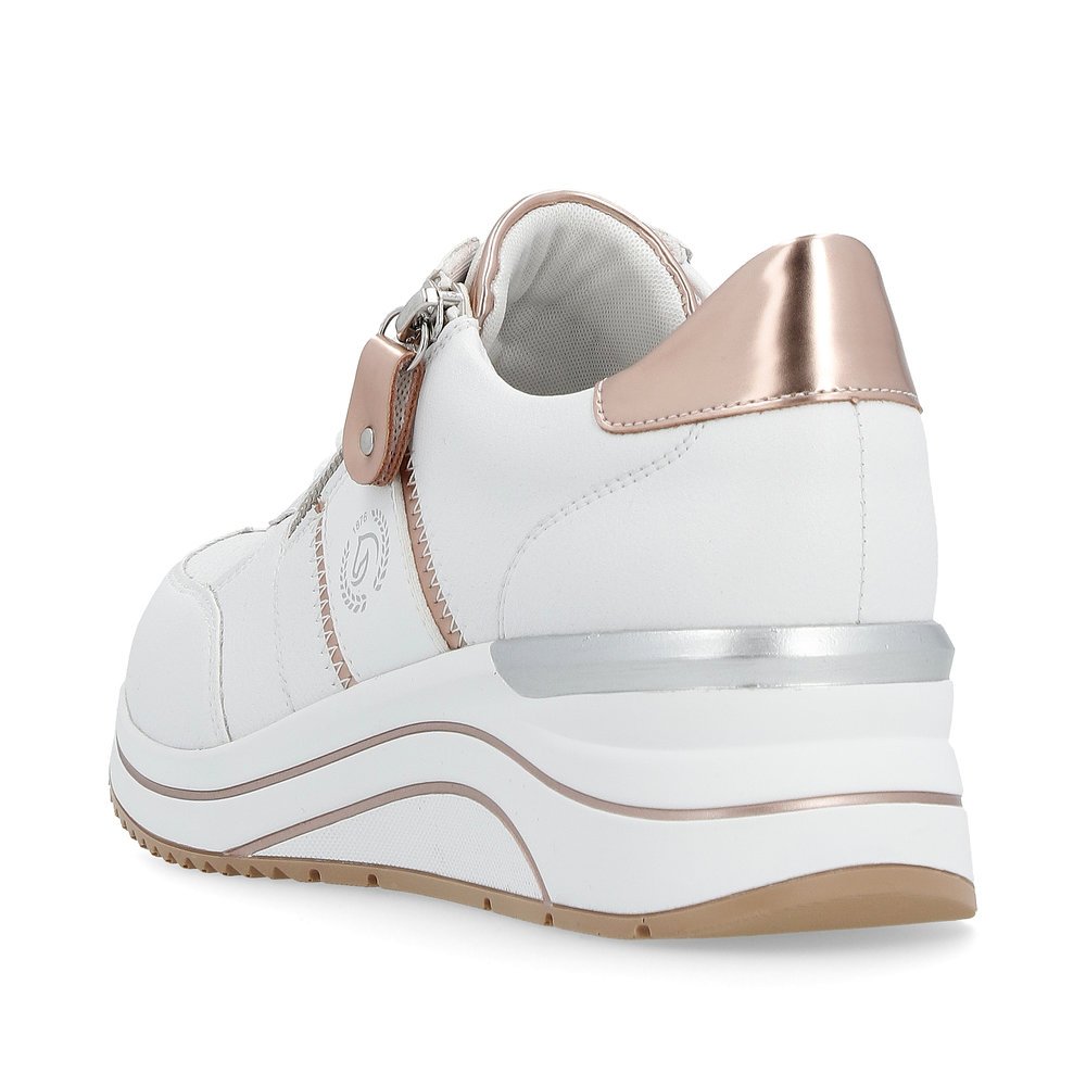 White remonte women´s sneakers D0T04-80 with a zipper and extra width H. Shoe from the back.
