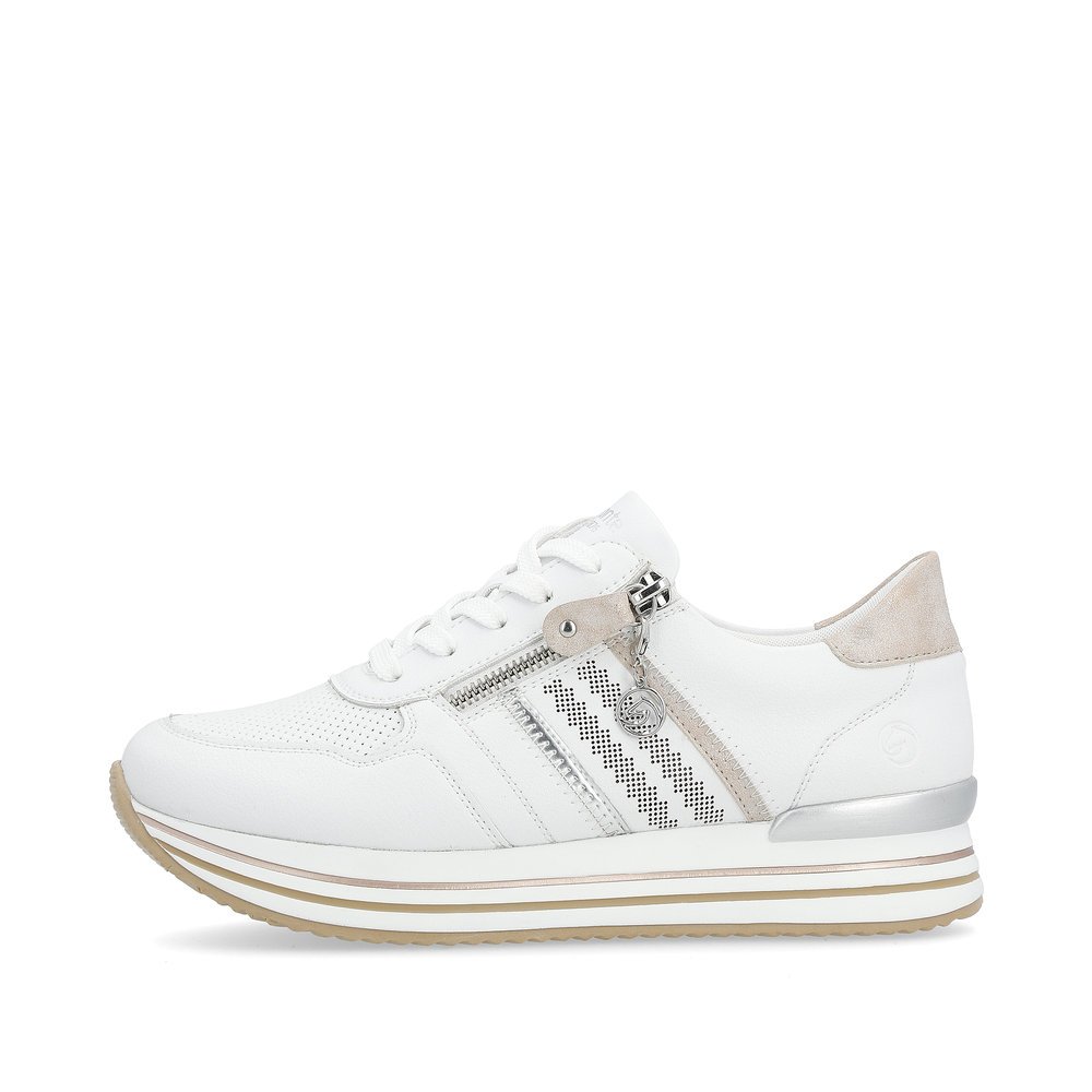 White remonte women´s sneakers D1318-80 with a zipper and decorative stitching. Outside of the shoe.