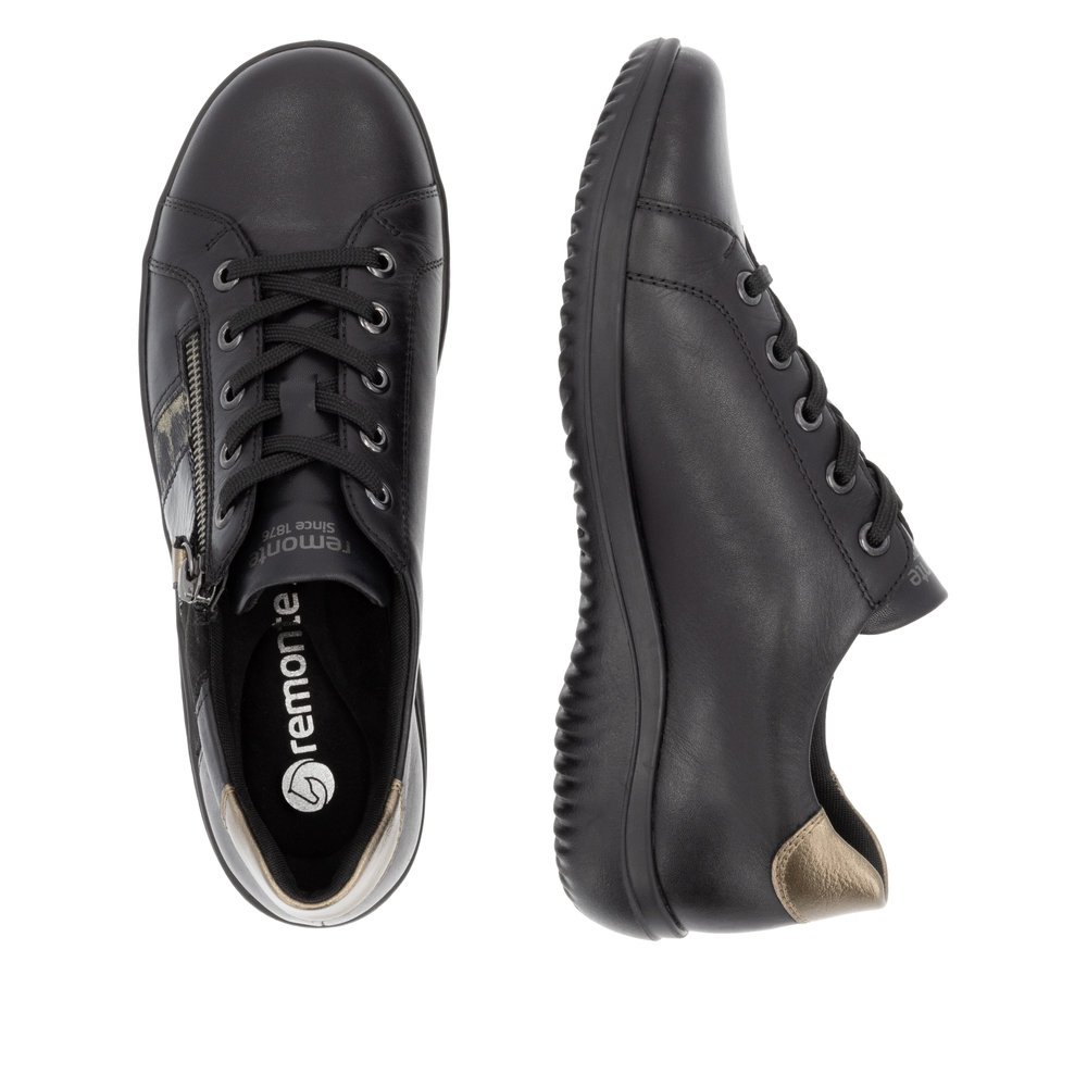 Black remonte women´s lace-up shoes D1E00-03 with zipper as well as comfort width G. Shoe from the top, lying.