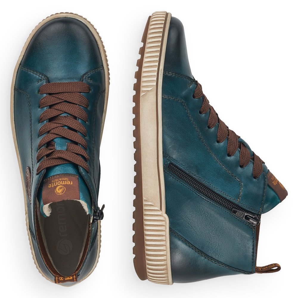 Pacific blue remonte women´s lace-up shoes D0771-12 with remonteTEX technology. Shoe from the top, lying.