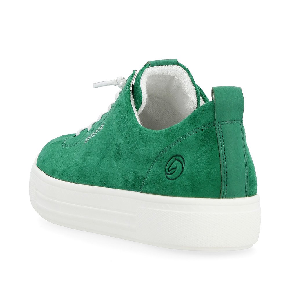 Emerald green remonte women´s sneakers D0913-52 with lacing and comfort width G. Shoe from the back.