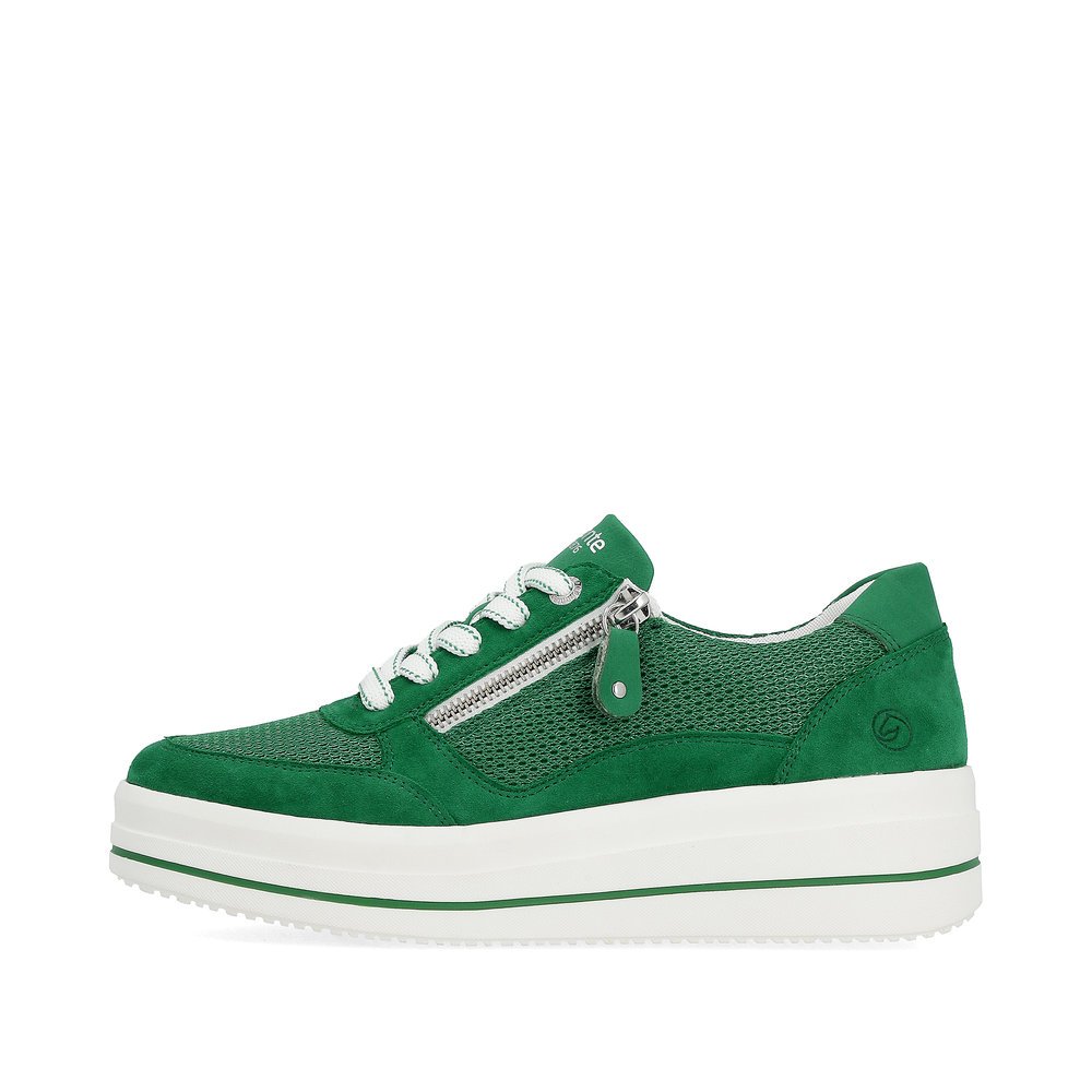 Emerald green remonte women´s sneakers D1C04-52 with a zipper and comfort width G. Outside of the shoe.