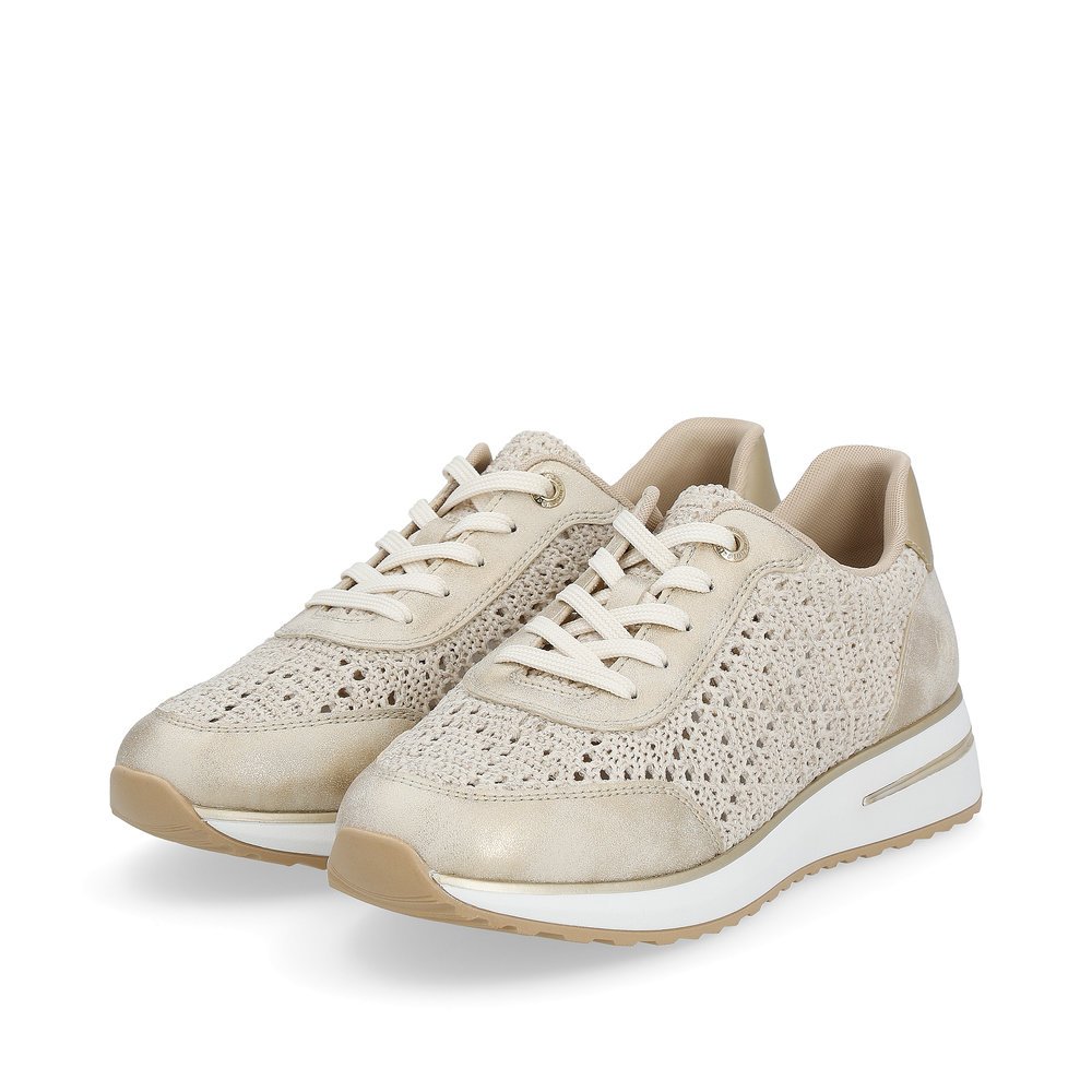 Beige remonte women´s sneakers D1G04-60 with a lacing and perforated look. Shoes laterally.