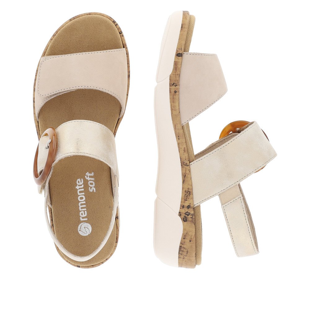 Clay beige remonte women´s strap sandals R6853-61 with a hook and loop fastener. Shoe from the top, lying.
