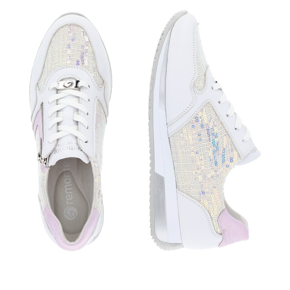 Pure white vegan remonte women´s sneakers D0H12-80 with a zipper. Shoe from the top, lying.