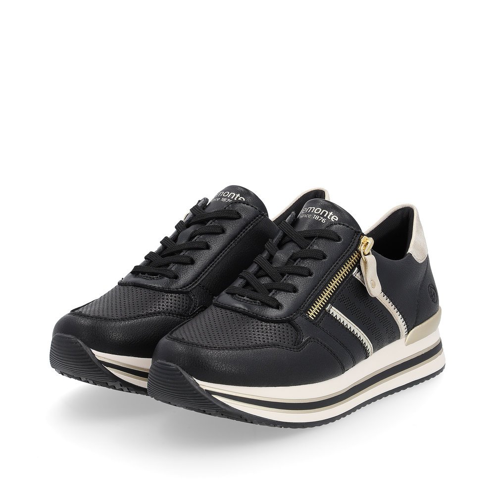 Matt black remonte women´s sneakers D1318-01 with a zipper and comfort width G. Shoes laterally.