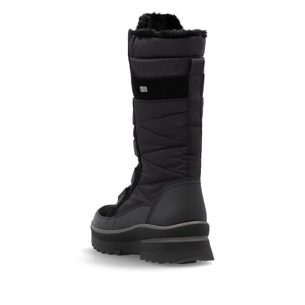 Asphalt black remonte women´s high boots D2B71-02 with a grippy Glass-Fibre sole. Shoe from the back.