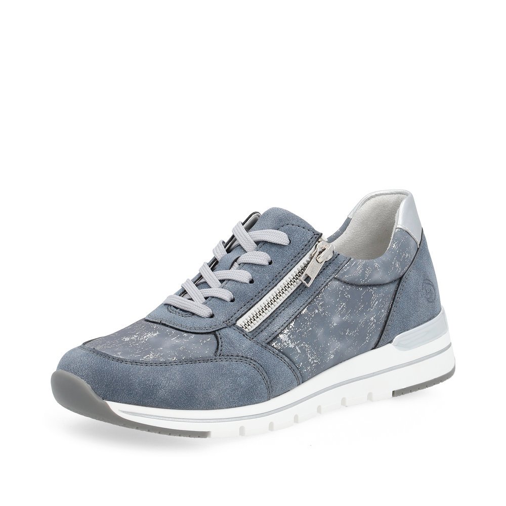 Blue remonte women´s sneakers R6700-13 with zipper and washed-out pattern. Shoe laterally.