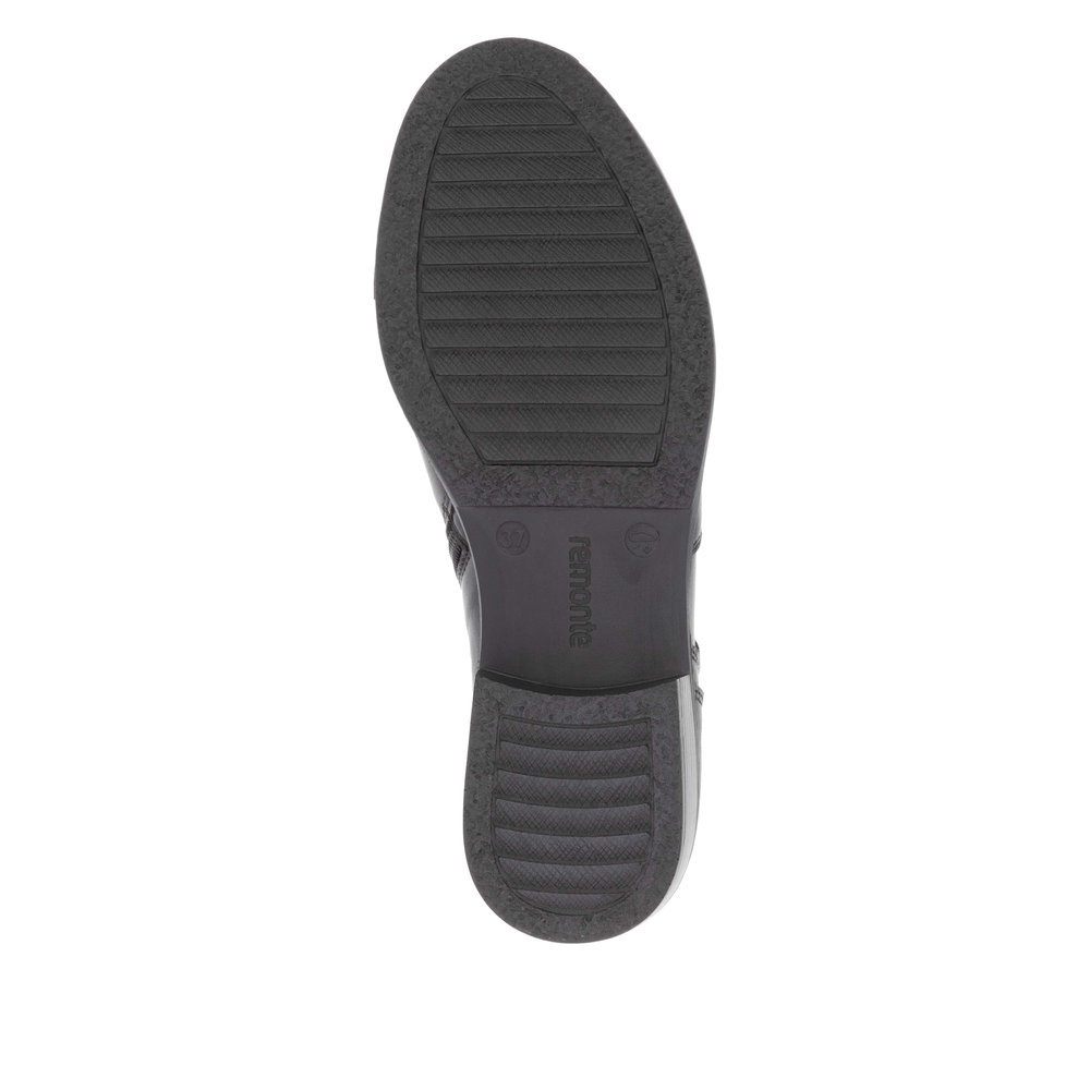 Nachtschwarze remonte Damen Stiefeletten D0F77-00 mit Schmuck-Element. Schuh Laufsohle.