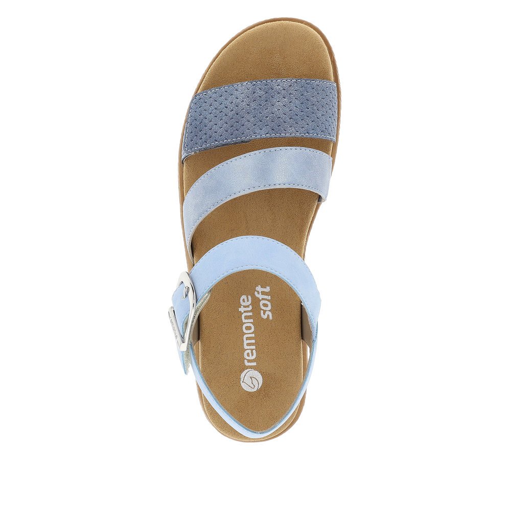 Sky blue vegan remonte women´s strap sandals D0Q55-12 with hook and loop fastener. Shoe from the top.