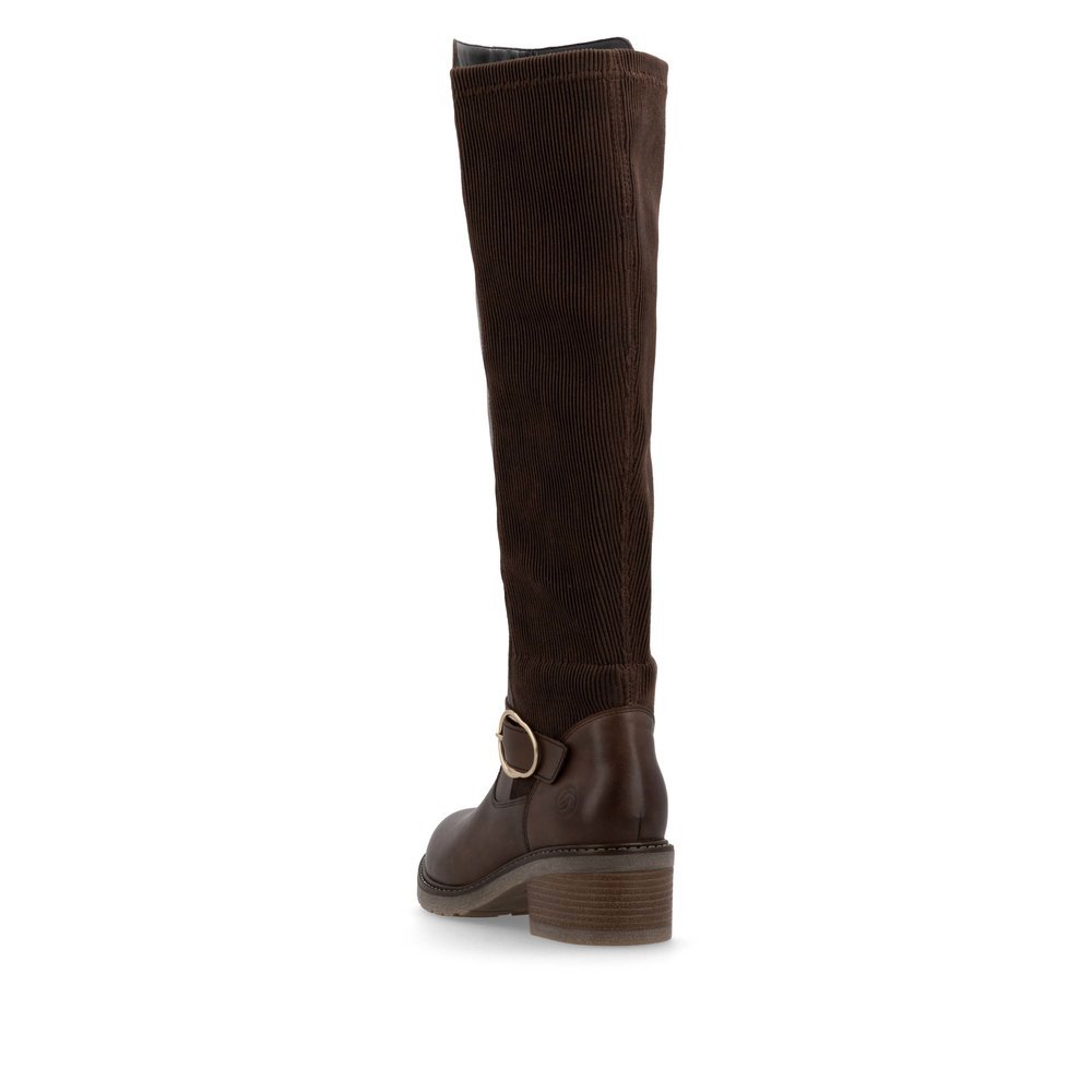 Chocolate brown remonte women´s high boots D1A73-25 with a round decorative buckle. Shoe from the back.